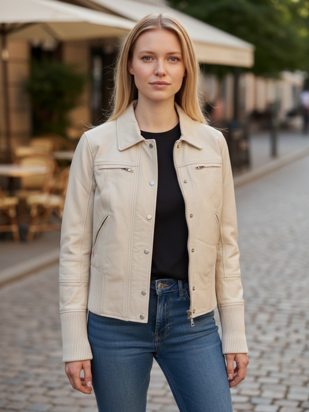Danier Cream Leather Jacket with Zip Pockets